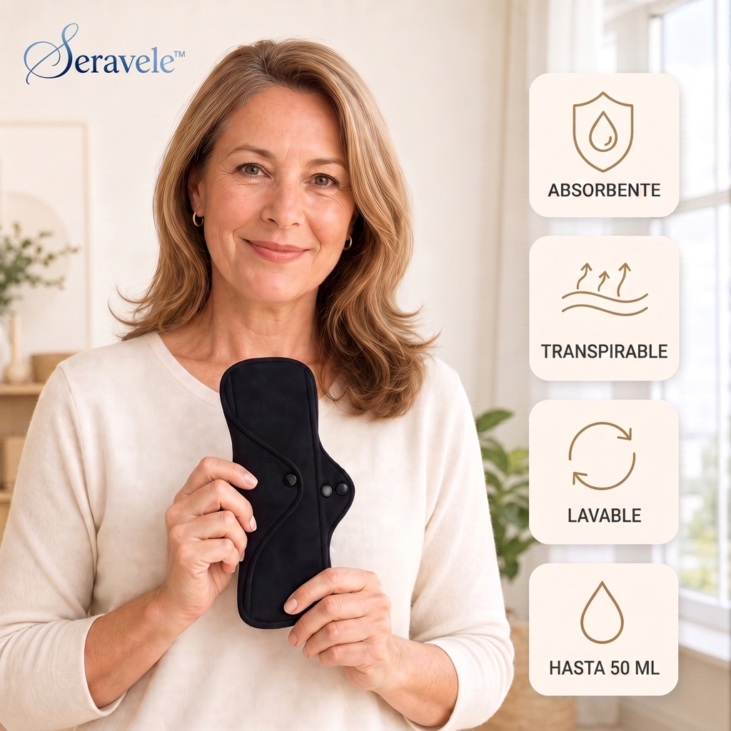 Seravele™ 50 – 3 compresas diarias reutilizables · hasta 50 ml por compresa
