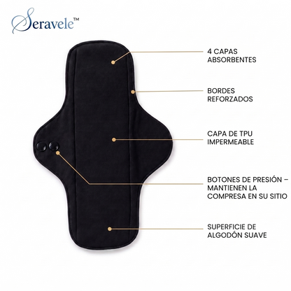Seravele™ 50 – 3 compresas diarias reutilizables · hasta 50 ml por compresa